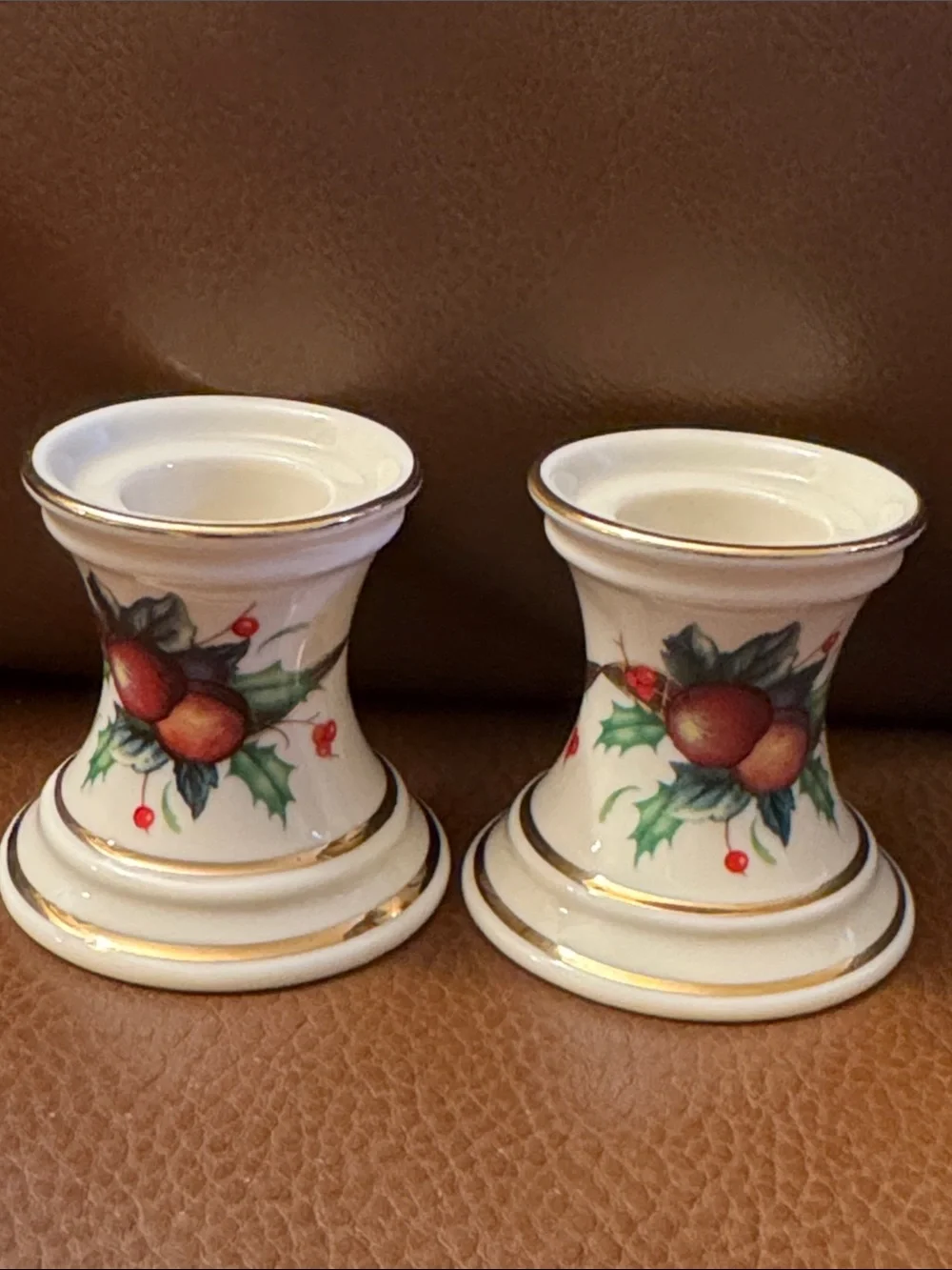 VTG pair 2-1/4” Lenox  “Holiday Tartan” candle holders w/holly & berry motif